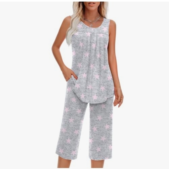 Findsweet Other - Findsweet Sleeveless Star-Print Sleep Set in Light Gray & Pale Pink - NWT
